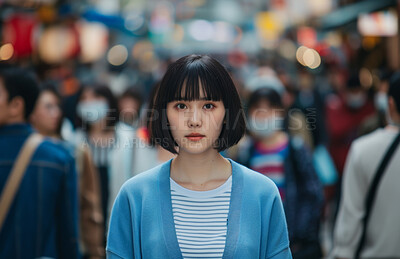 Crowd, portrait and Asian girl in city, town or urban street for travel on commute, walk or break. Face, busy or Chinese woman on outdoor vacation holiday to explore on journey or adventure in China