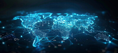 Global network, map and worldwide internet connectivity, innovation for science, technology and future. Link, wireframe and glow for digital transformation, cyberspace and connection across the globe