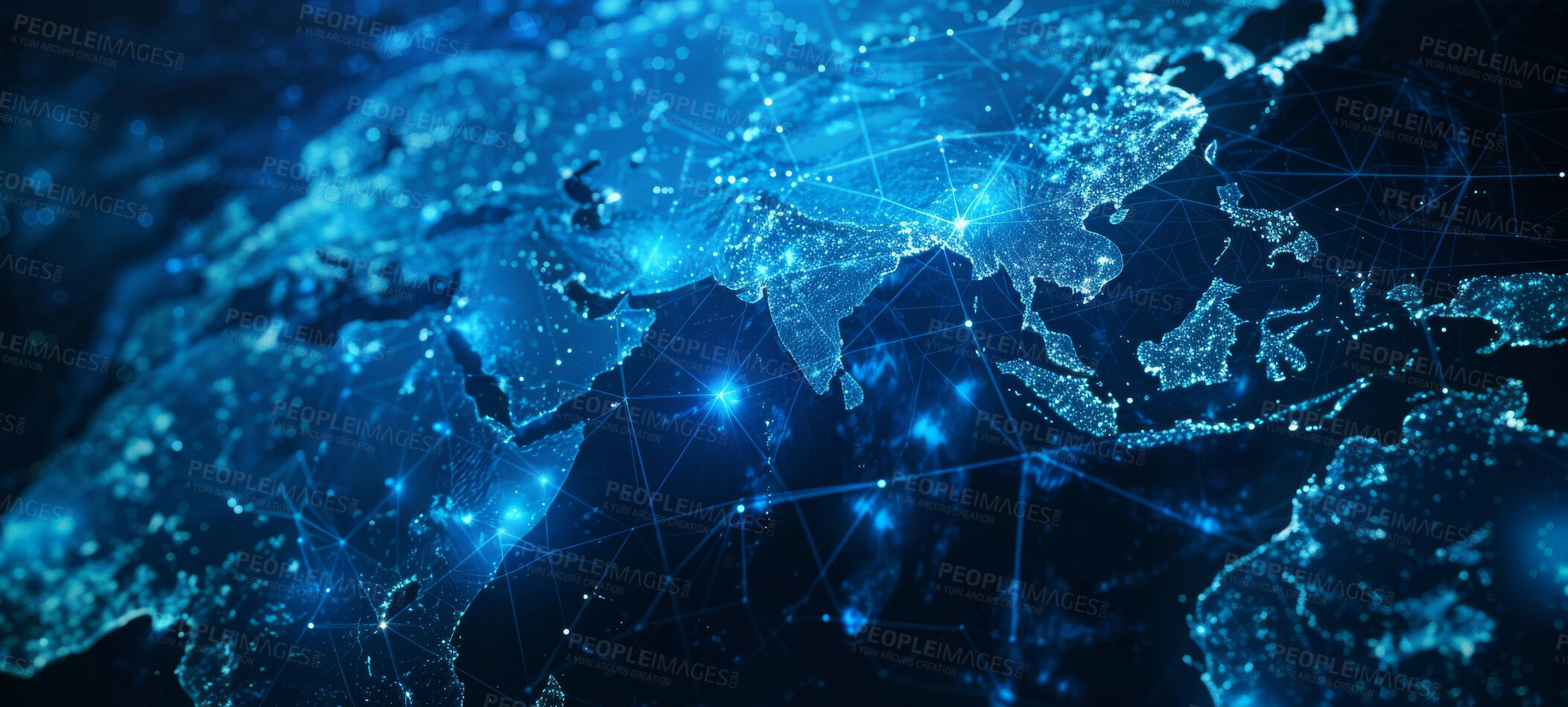 Buy stock photo Global network, map and worldwide internet connection innovation for science, technology and future. Link, wireframe and glow for digital transformation, cyberspace and connectivity across the globe