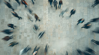 Motion blur, busy and people in building for travel walking with speed for rush hour in city. Group, staff and professional employees commuting in airport or subway station in urban town street.