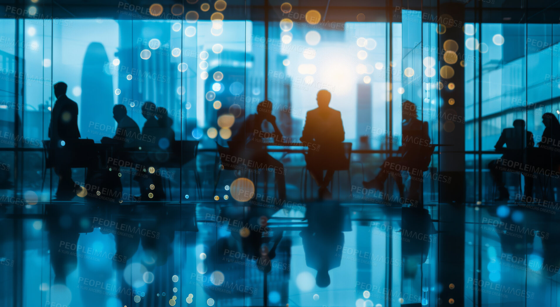 Buy stock photo Bokeh, meeting and silhouette of business people in office for corporate project planning for discussion. Shadow, futuristic and group of financial employees working on finance budget in workplace.