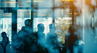 Window, business people and double exposure in meeting for discussion with audience, listening or training. Seminar, professional employees and conference in boardroom for b2b, networking or planning