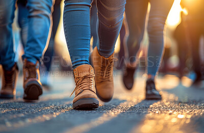 People, crowd and shoes or city walking with pedestrian commute with population density, urban or street. Feet, pavement and legs or together downtown with steps for travel, business or workforce