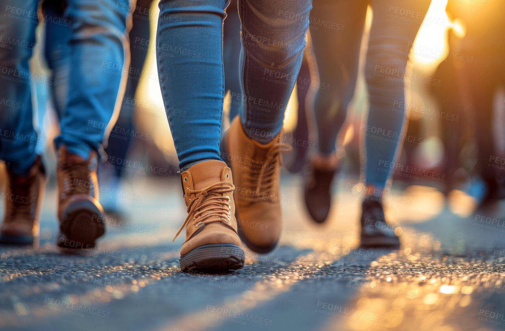 Buy stock photo People, crowd and shoes or city walking with pedestrian commute with population density, urban or street. Feet, pavement and legs or together downtown with steps for travel, business or workforce