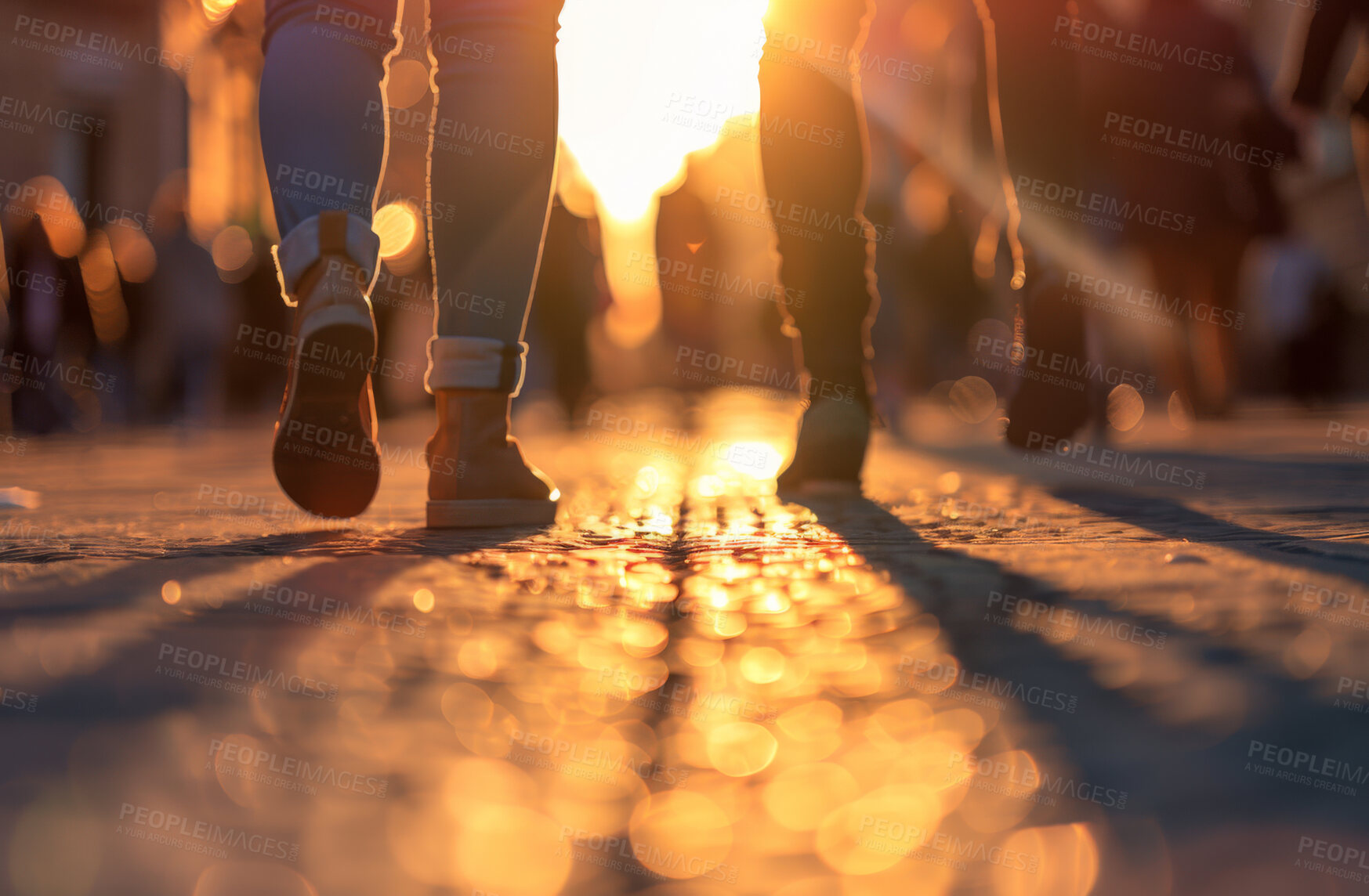 Buy stock photo People, legs and city walking with sunset for travel exploring in population, crowd or downtown. Person, friends and feet on pavement in Italy for holiday destination or commute, urban or streetwear