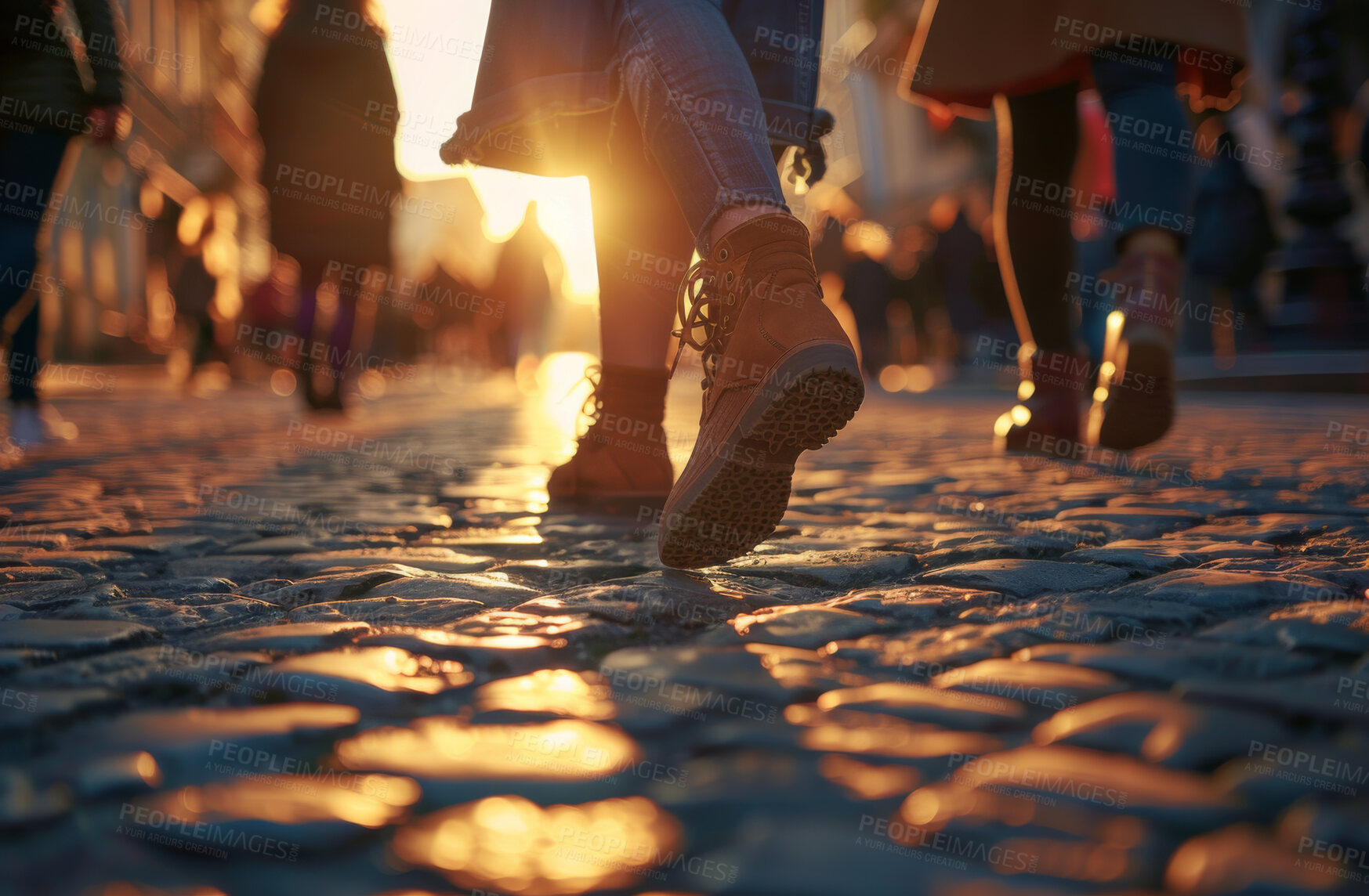 Buy stock photo People, feet and city ground with walking with population commute as workforce, downtown or explore. Person, shoes and urban with sunset light in France as pedestrian on street, crowd or footwear