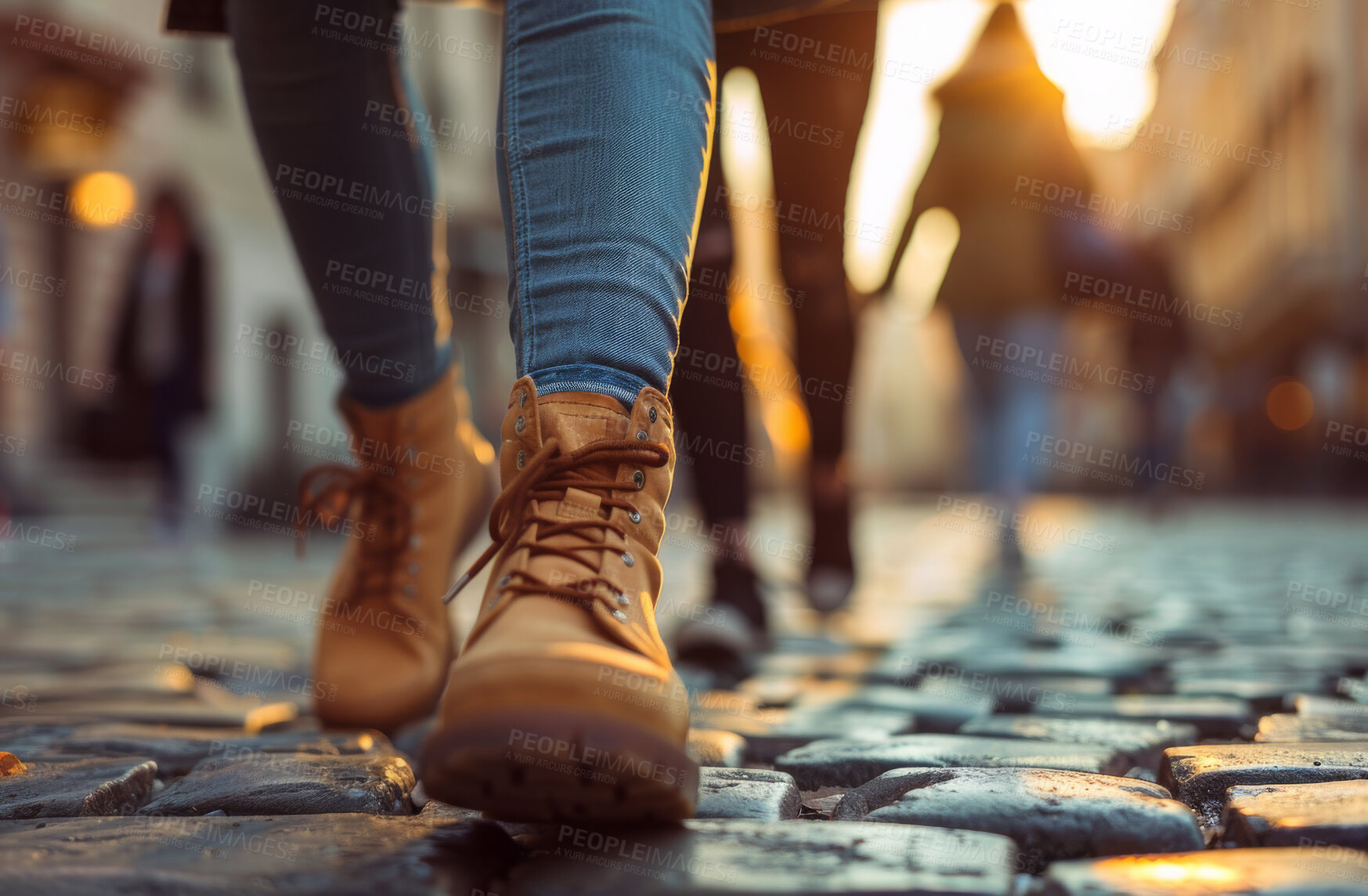 Buy stock photo People, shoes and city commute or walking as pedestrian or crowd population, streetwear or travel. Journey, boots and ground or explore Italy by downtown road or sneakers on sidewalk, feet or outdoor