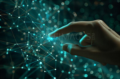 Big data, finger and network or technology for connectivity with geometric, global or connection. Person, hand and touching software with interface bokeh, circuit board or future communication