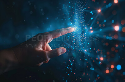 Hand, click and futuristic with lights, person and technology with science and input for software update. Fingers, press and system with symbol, icon and design for innovation, virtual and modern