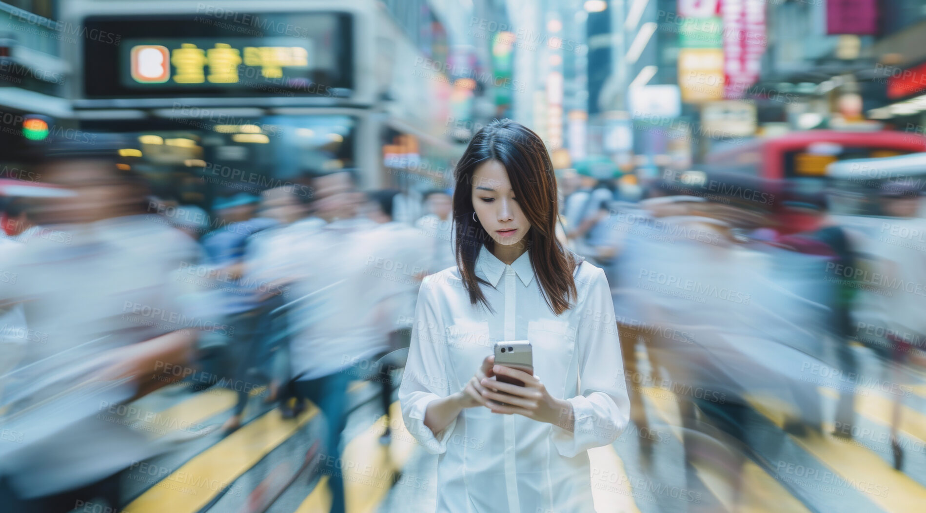 Buy stock photo Smartphone, busy and Asian woman in city, street and urban town by people walking or commute for work. Chinese girl, gen z and motion blur of crowd on journey, travel and tourist on holiday in China