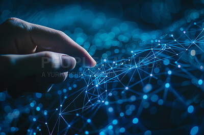 Global network, wireframe and hand with connection for tech, science and future with digital transformation. Innovation, communication and internet connectivity, metaverse and person in cyber space