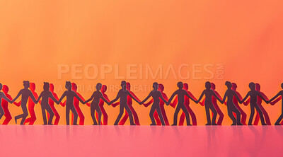 Illustration, human and connection with cutout of team, unity together or solidarity in community on orange background. Synergy, inclusion and support, trust and link in partnership, ally and group