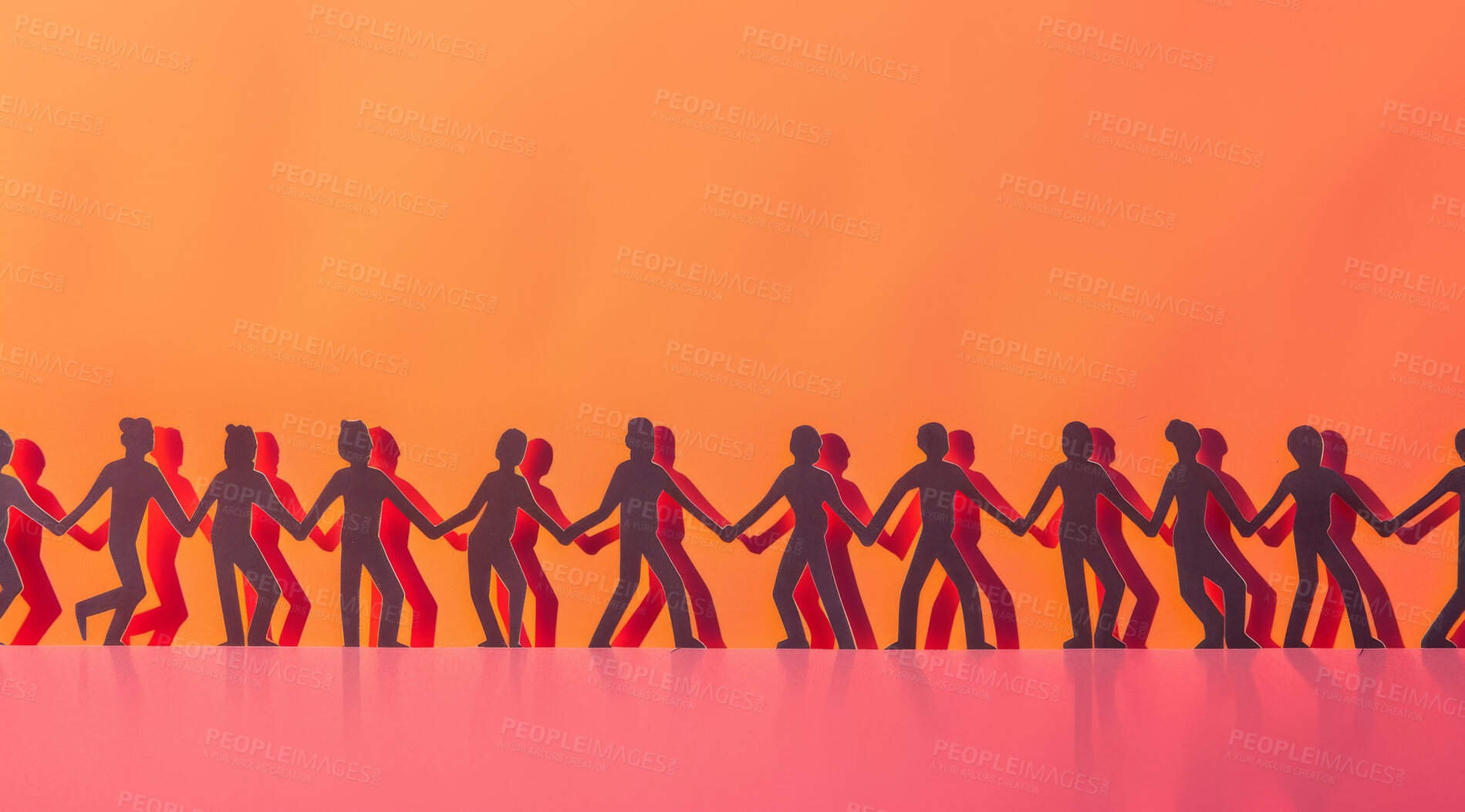 Buy stock photo Illustration, human and connection with cutout of team, unity together or solidarity in community on orange background. Synergy, inclusion and support, trust and link in partnership, ally and group