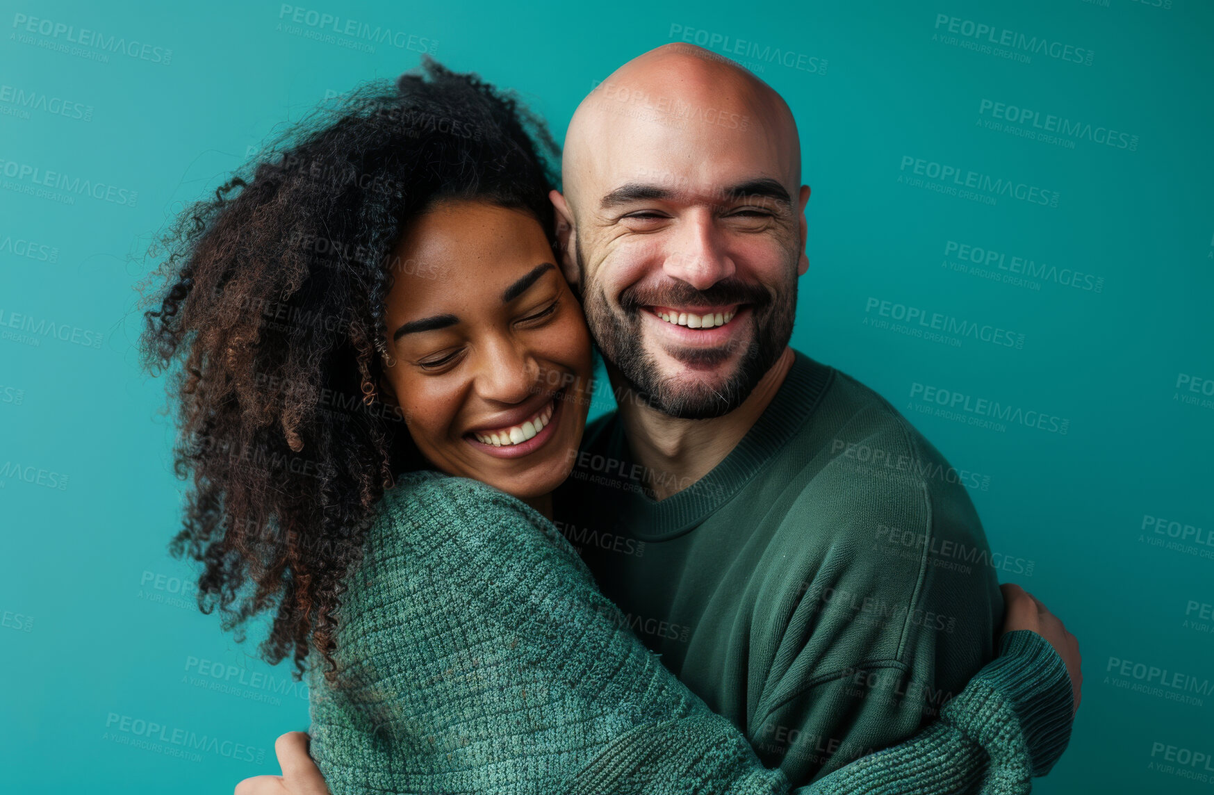 Buy stock photo Face, love and smile with interracial couple hugging in studio isolated on turquoise background. Emotion, joy or romance with happy young man and woman embracing for bonding or relationship together