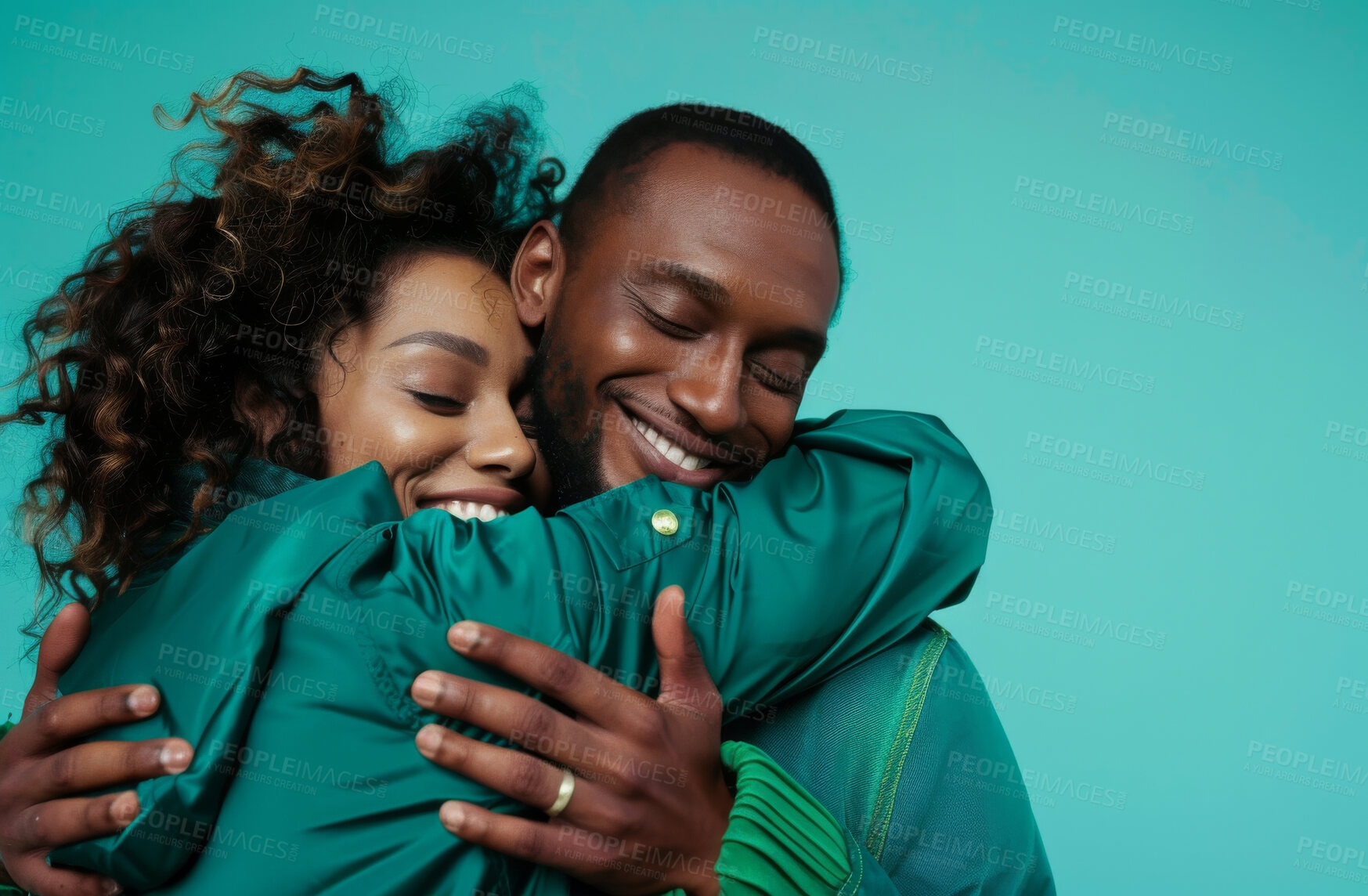 Buy stock photo Studio, happy couple and hug in blue background for love, affection and romance with backdrop. African people, man and woman for bonding, relationship and married with commitment in mockup space