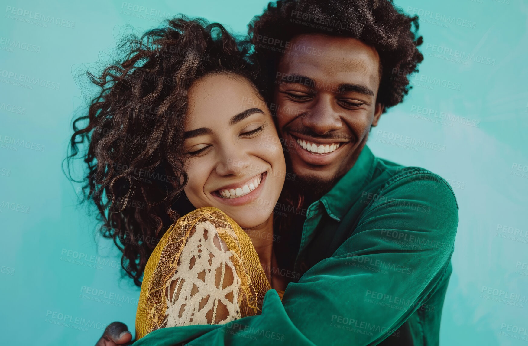 Buy stock photo Hug, love and smile with face of couple in studio isolated on blue background. Affection, emotion or romance with happy young man and woman embracing for bonding, date or relationship together