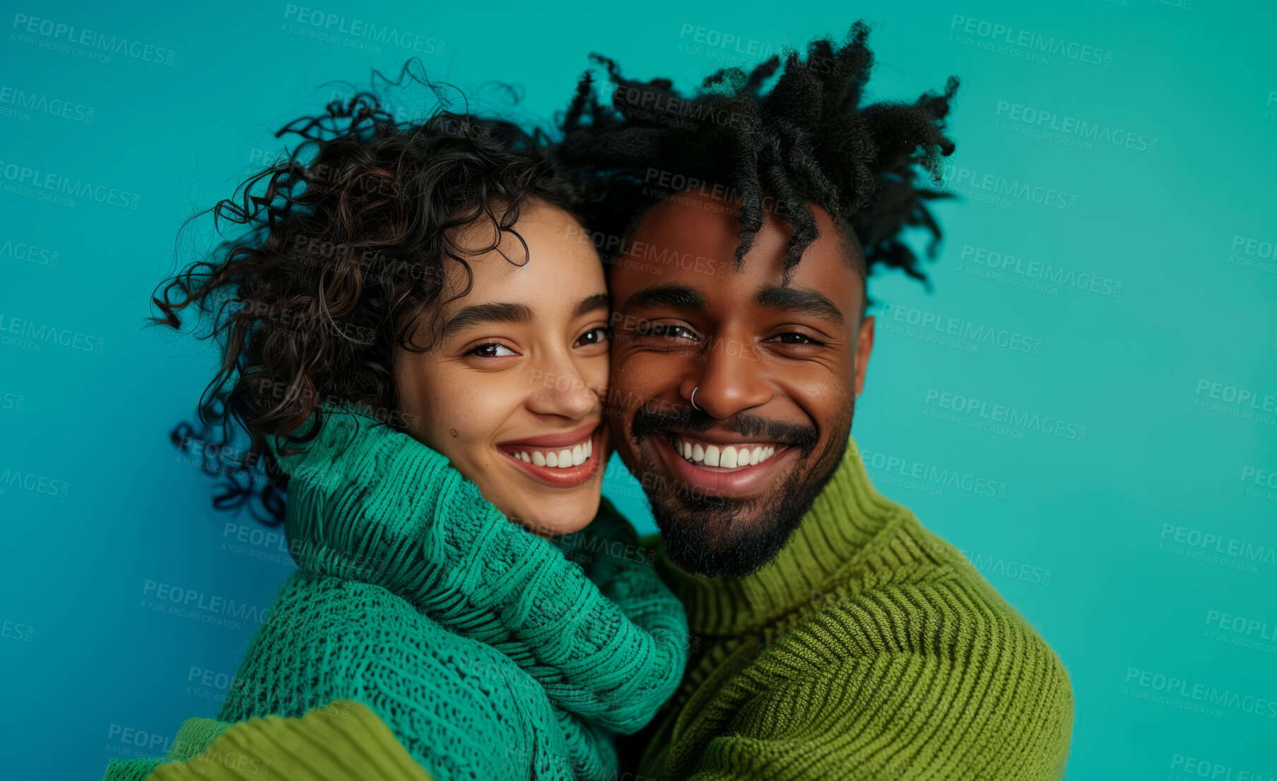 Buy stock photo Hug, love and smile with portrait of interracial couple hugging in studio isolated on turquoise background. Affection, face or joy with happy man and woman embracing for relationship bonding together