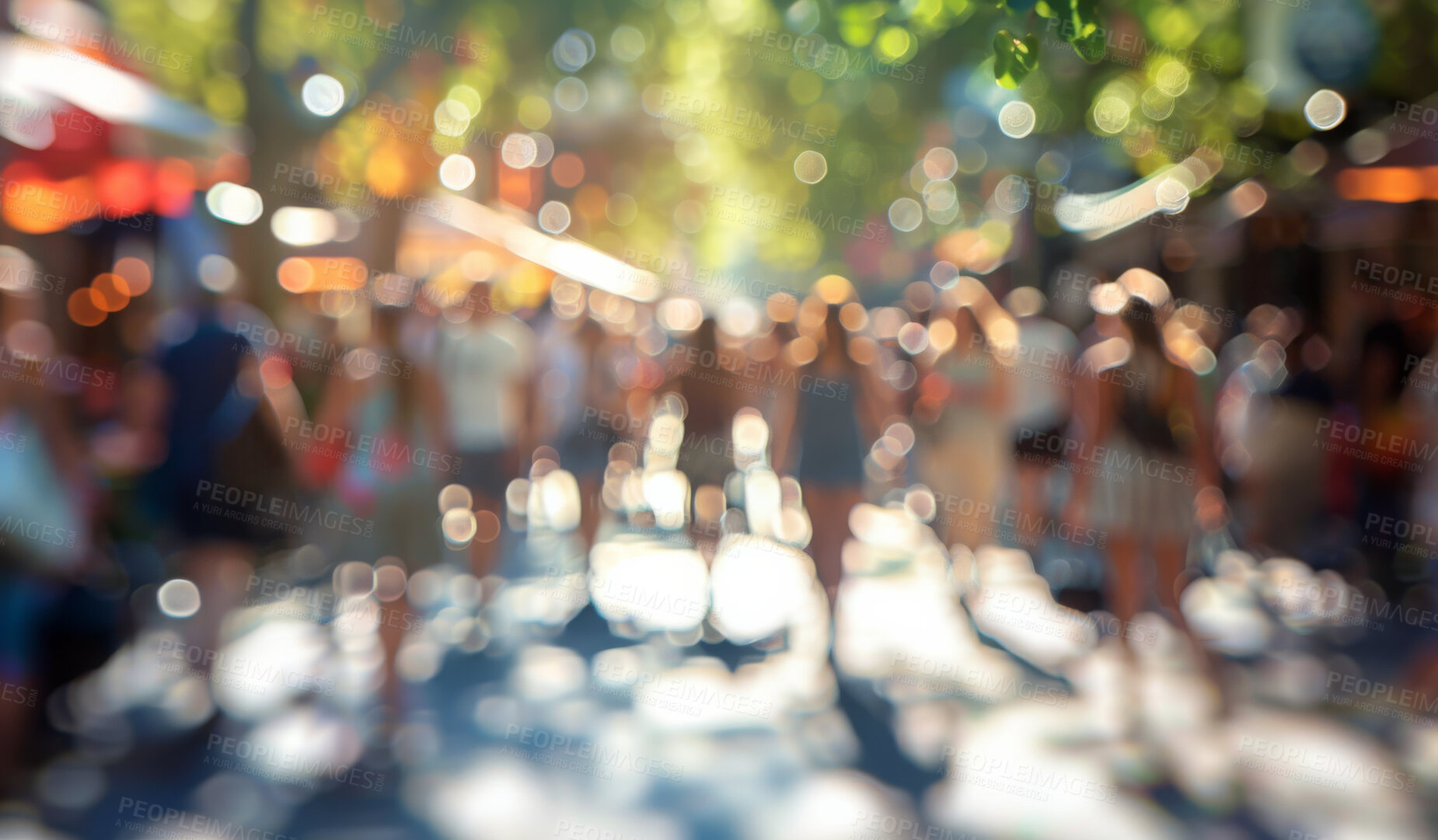 Buy stock photo Crowd, motion blur and pedestrian group outdoor from back for adventure, tourism or travel in summer. People, street and travel with blurry crowd walking on road for exploration, discovery or trip