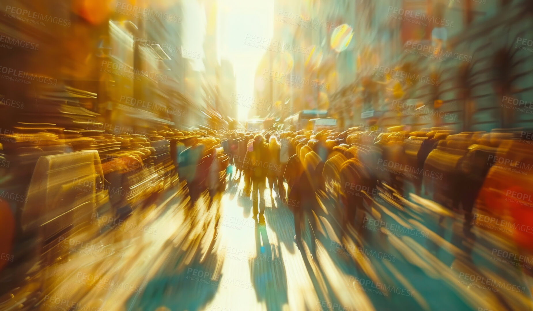 Buy stock photo Travel, blur and crowd of people in city for walking, journey or morning, routine and commute together. Public, street or back of busy hustle group in San Francisco with resilience, hope and ambition