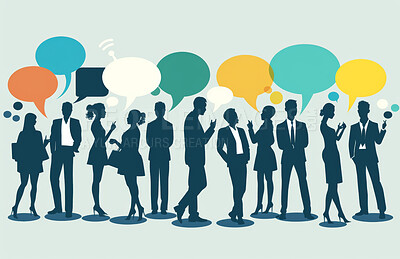 Cartoon, abstract and group of business people with speech bubble for speaking, discussion and talking. Corporate, animation and graphic of employees with communication for opinion, voice and idea