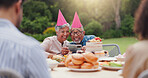 Elderly, couple and happy with video call at birthday party for celebration, laughing and memories in garden. Senior, man and woman with smartphone for photography, gathering and event in backyard