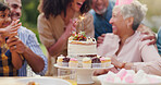 Birthday cake, sparkler and party with family for celebration, applause and surprise in garden of home. Dessert, grandparents and kids with cupcake, clapping hands and happiness for event in backyard