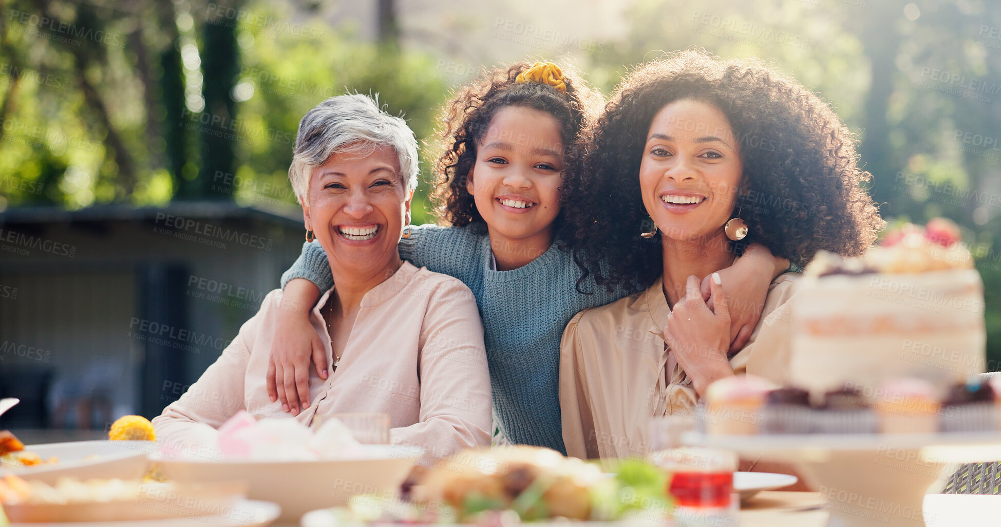 Buy stock photo Family, hug and face at birthday party on table outdoor with mother, child and grandma with smile. Summer, event and celebration with love, support and garden with generation of women on mothers day