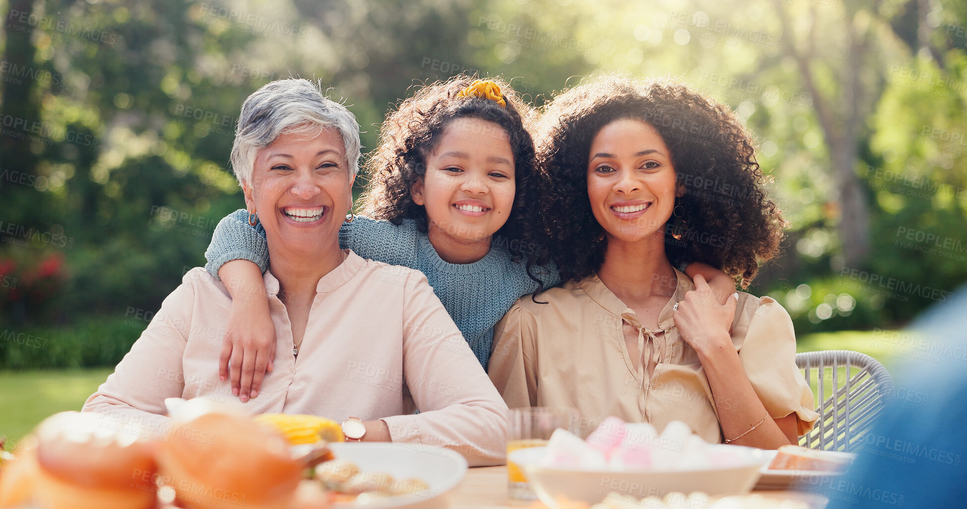 Buy stock photo Family, hug and face at birthday party on table outdoor with mother, child and grandma with smile. Summer, event and celebration with love, support garden with generation of women or mother's day