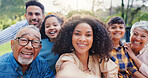 Happy family, face and selfie on garden in nature, generations and love for bonding together on vacation. Parents, kids or elders with care in portrait in countryside, excited or travel for wellness