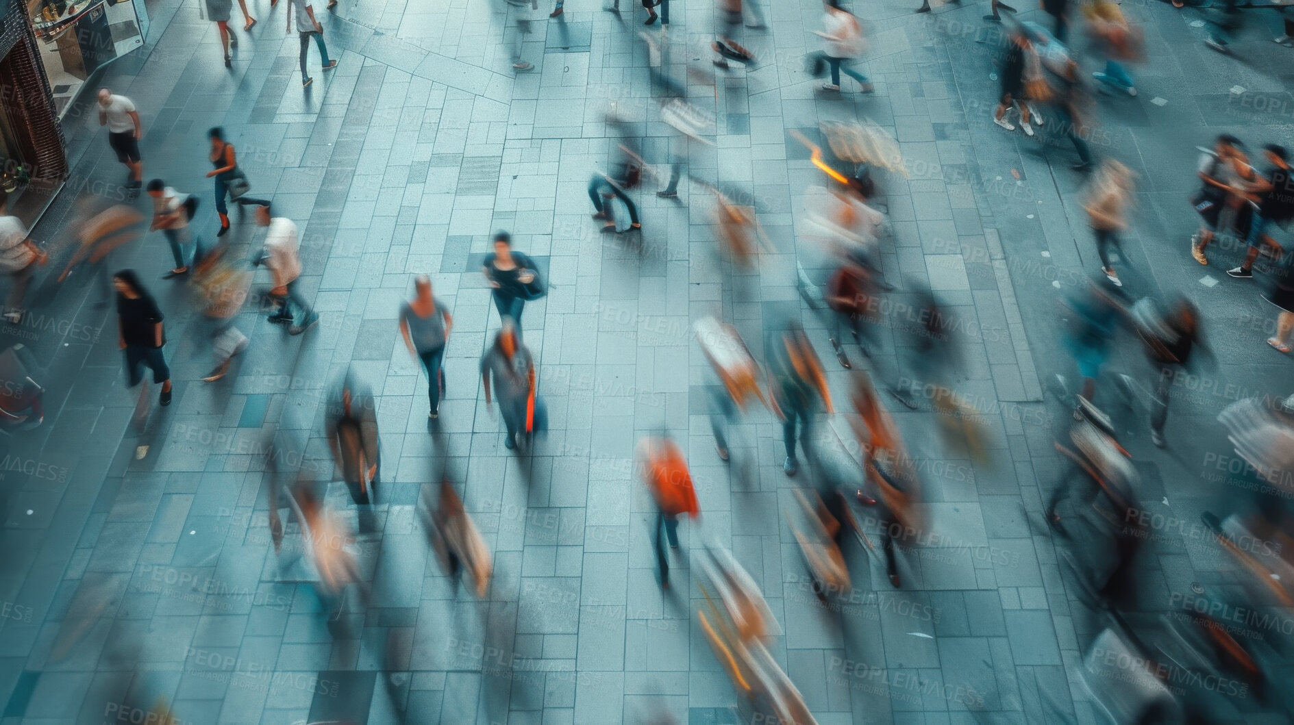 Buy stock photo Busy, motion blur and business people in city for commuting to work in rush hour at subway. Travel, speed and group of employees outdoor in urban town for walk at train station for public transport.
