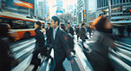 Crosswalk, motion blur and traffic with business people in city for morning rush hour commute to work. Building, street and travel with employee crowd or group outdoor in urban town for road crossing