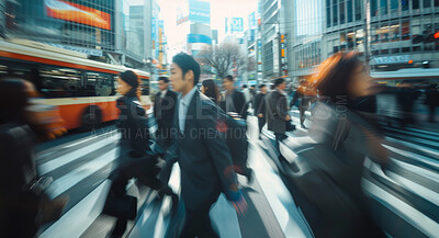 Crosswalk, motion blur and traffic with business people in city for morning rush hour commute to work. Building, street and travel with employee crowd or group outdoor in urban town for road crossing