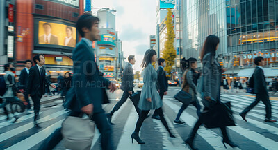 Commute, crosswalk and motion blur with business people in city for work at rush hour. Building, street and travel with corporate employee crowd outdoor in town for crossing road at start of day