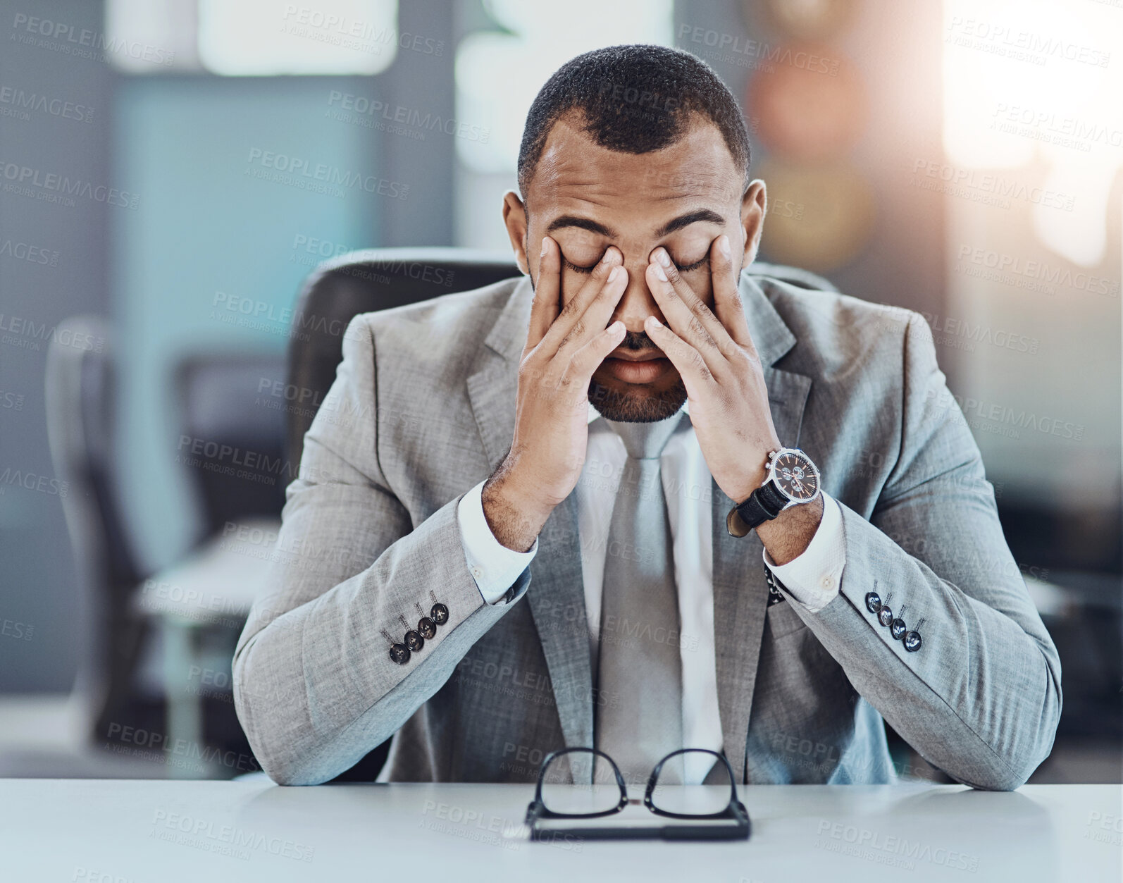 Buy stock photo Frustrated businessman, headache and debt with stress in financial crisis, pressure or mistake at office. Tired man or employee with migraine or anxiety in depression, fatigue or burnout at workplace