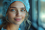 Portrait, doctor and woman with healthcare, nurse in hospital and career ambition with safety. Face, happy person and employee with uniform, protection and medical with professional, gp and physician