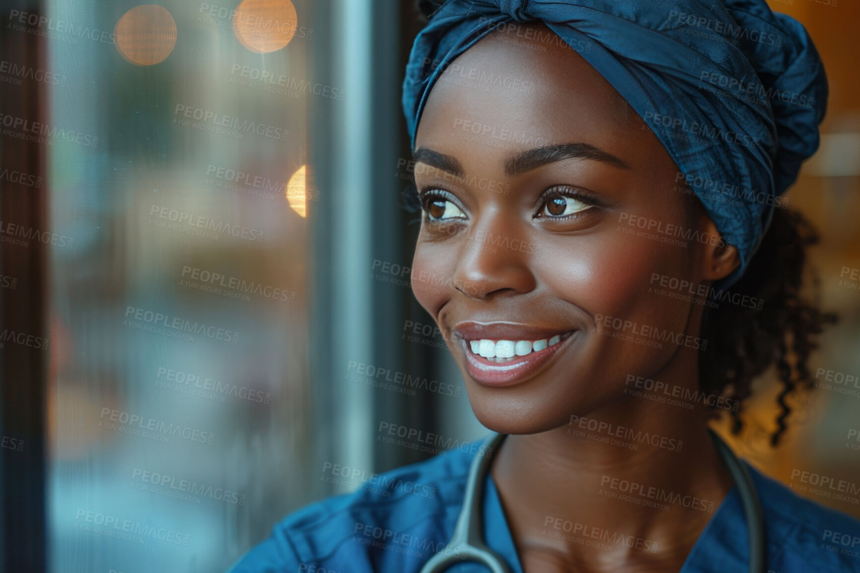 Buy stock photo Black woman, nurse and thinking for healthcare with smile, future in medical industry and integrity with care and support. Inspiration, help and midwife at clinic for maternal health in Ethiopia