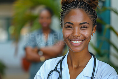 Black woman, portrait and doctor smile in hospital with stethoscope for cardiology, confidence or healthcare. Female person, face and affirmative action or clinic work for career, insurance or trust
