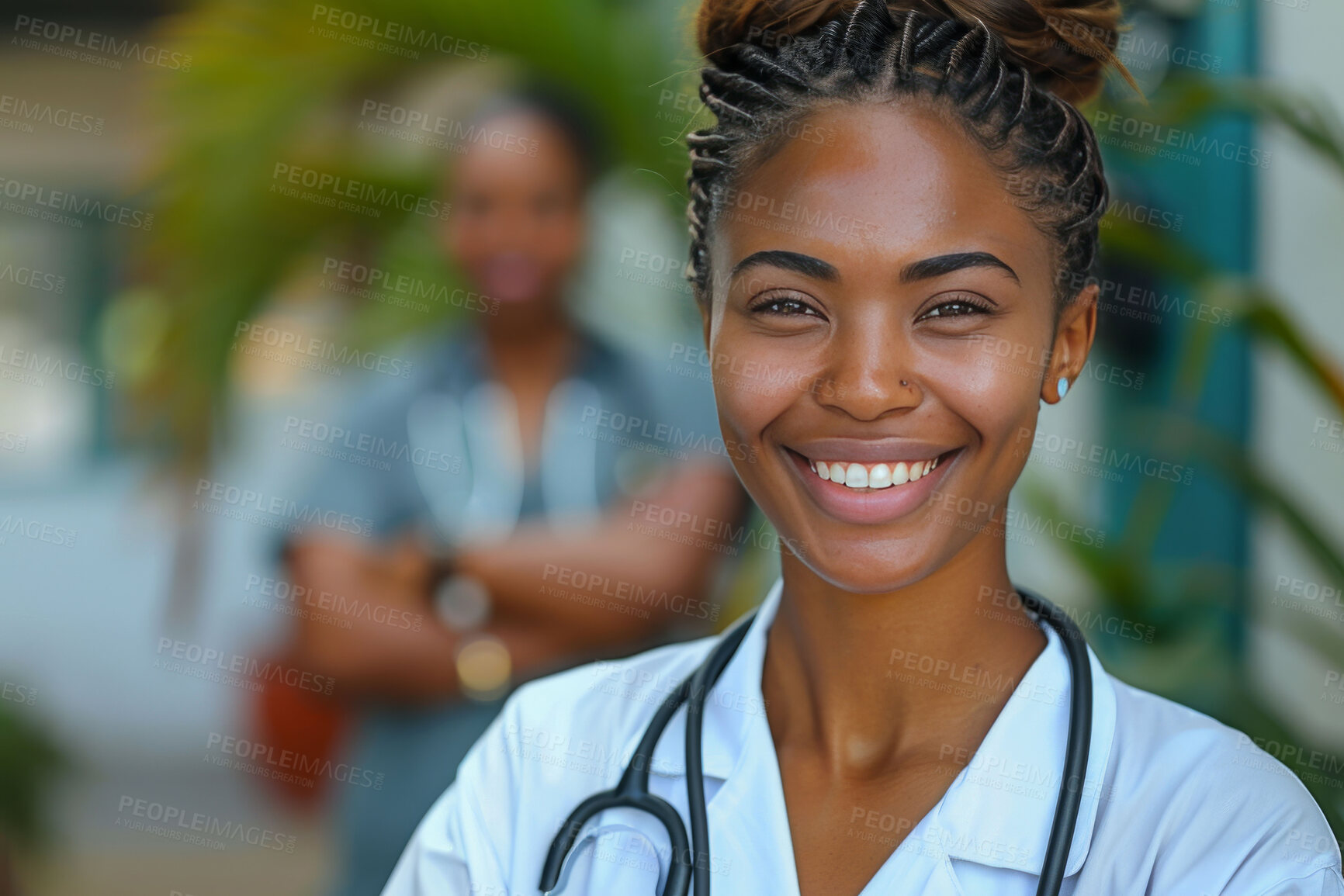 Buy stock photo Black woman, portrait and doctor smile in hospital with stethoscope for cardiology, confidence or healthcare. Female person, face and affirmative action or clinic work for career, insurance or trust