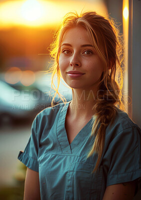 Portrait, woman and nurse outdoor for health, professional expert with advice or integrity in medical industry. Sunshine, worker in parking lot with healthcare service for help and support at clinic