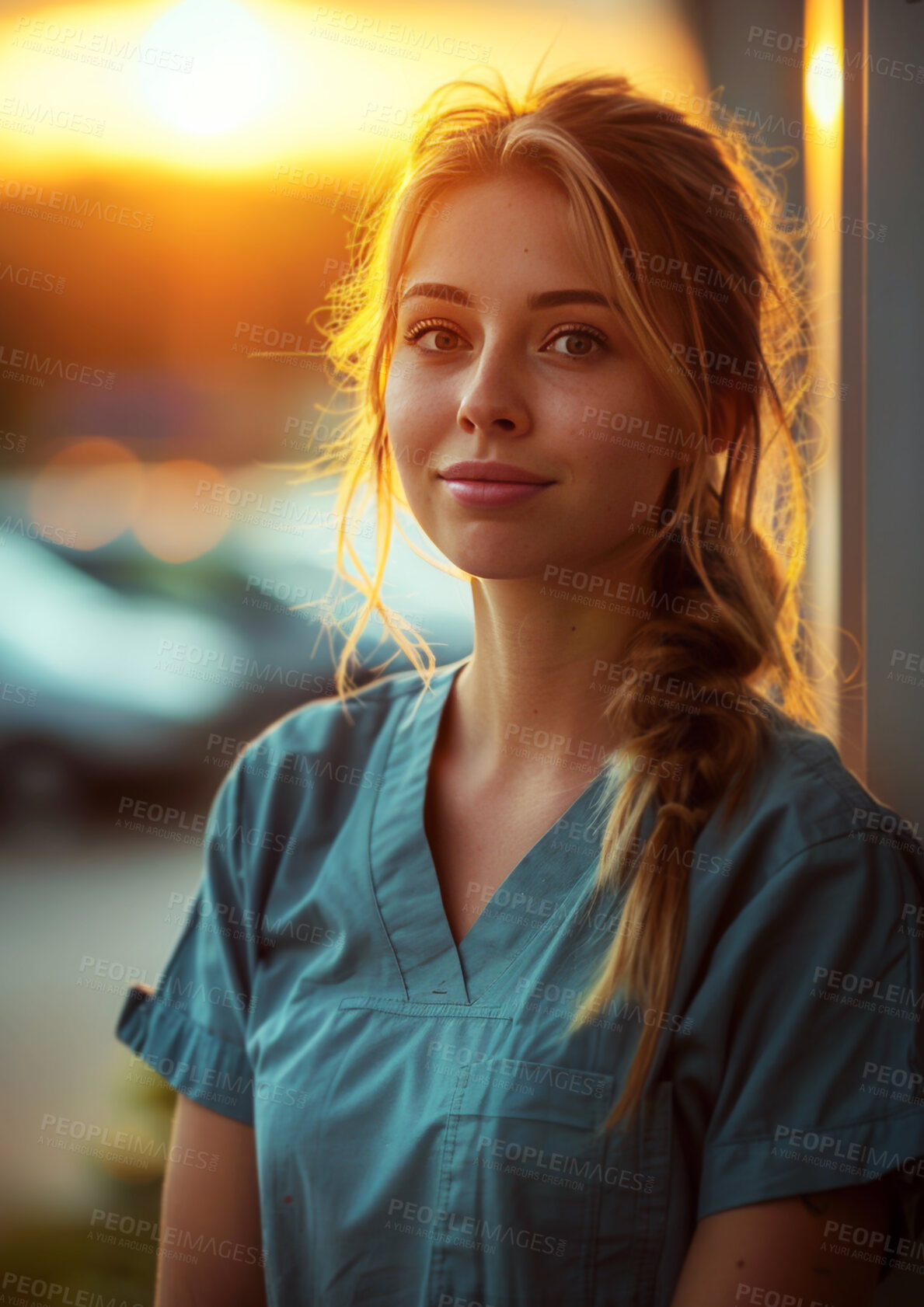 Buy stock photo Portrait, woman and nurse outdoor for health, professional expert with advice or integrity in medical industry. Sunshine, worker in parking lot with healthcare service for help and support at clinic