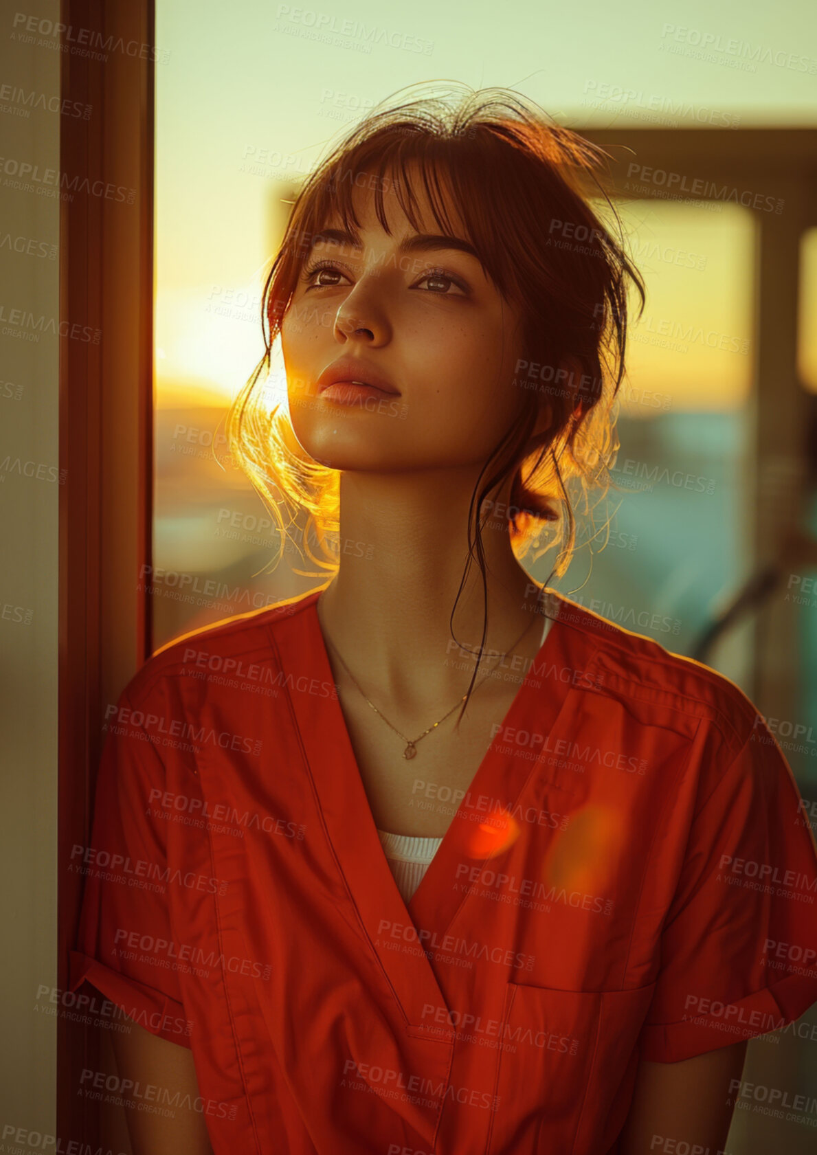 Buy stock photo Woman, nurse and thinking in clinic with vision, memory and career in health, wellness and care in sunset. Medic, student and ideas for medical support, services and job to help at hospital in Spain