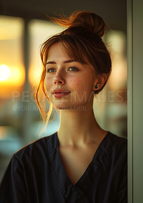 Woman, nurse and thinking for medical future or healthcare internship with sunset or nightshift, vision or hope. Female person, thoughts and problem solving or brainstorming, breakthrough or solution