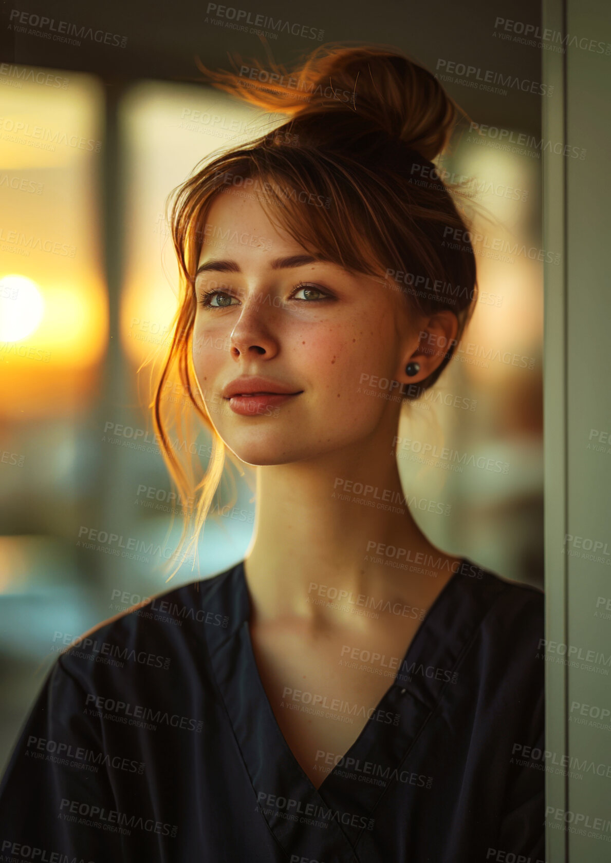 Buy stock photo Woman, nurse and thinking for medical future or healthcare internship with sunset or nightshift, vision or hope. Female person, thoughts and problem solving or brainstorming, breakthrough or solution