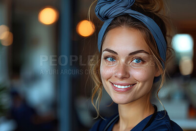 Woman, smile and portrait at startup, office or confident for internship at creative agency with pride. Girl, person and writer in workplace for career, growth or progress at media company in Spain