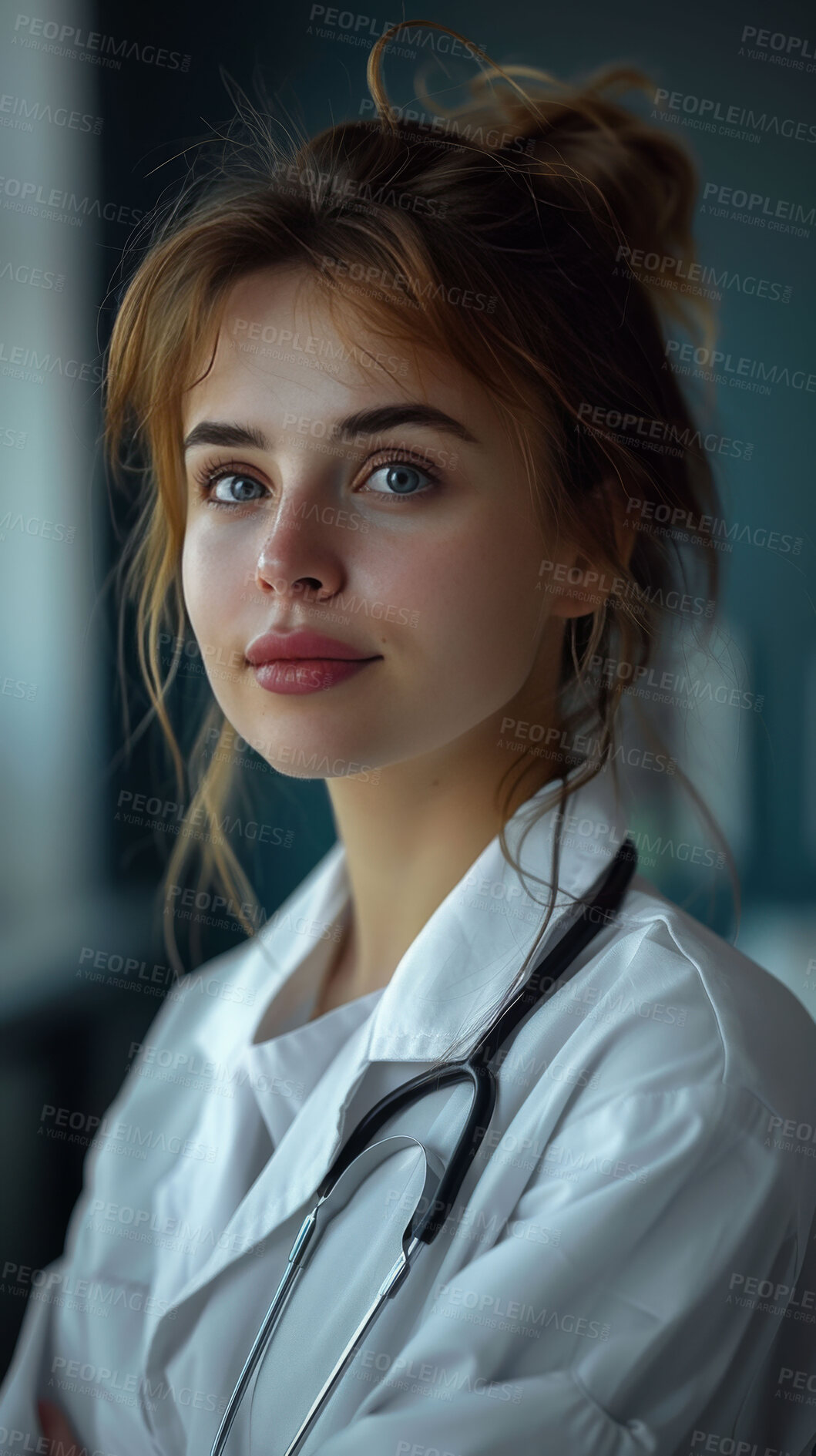 Buy stock photo Face, woman and doctor at hospital for healthcare, expert with advice or integrity for medical care. Specialist, physician and portrait with professional in medicine and cardiology surgeon in France