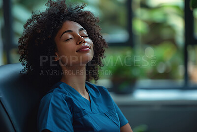 Buy stock photo Woman, nurse and relax or healthcare rest as medical professional for intern shift, sleeping or calm. Female person, sitting and hospital worker or er break for mental recovery, wellness or medicine