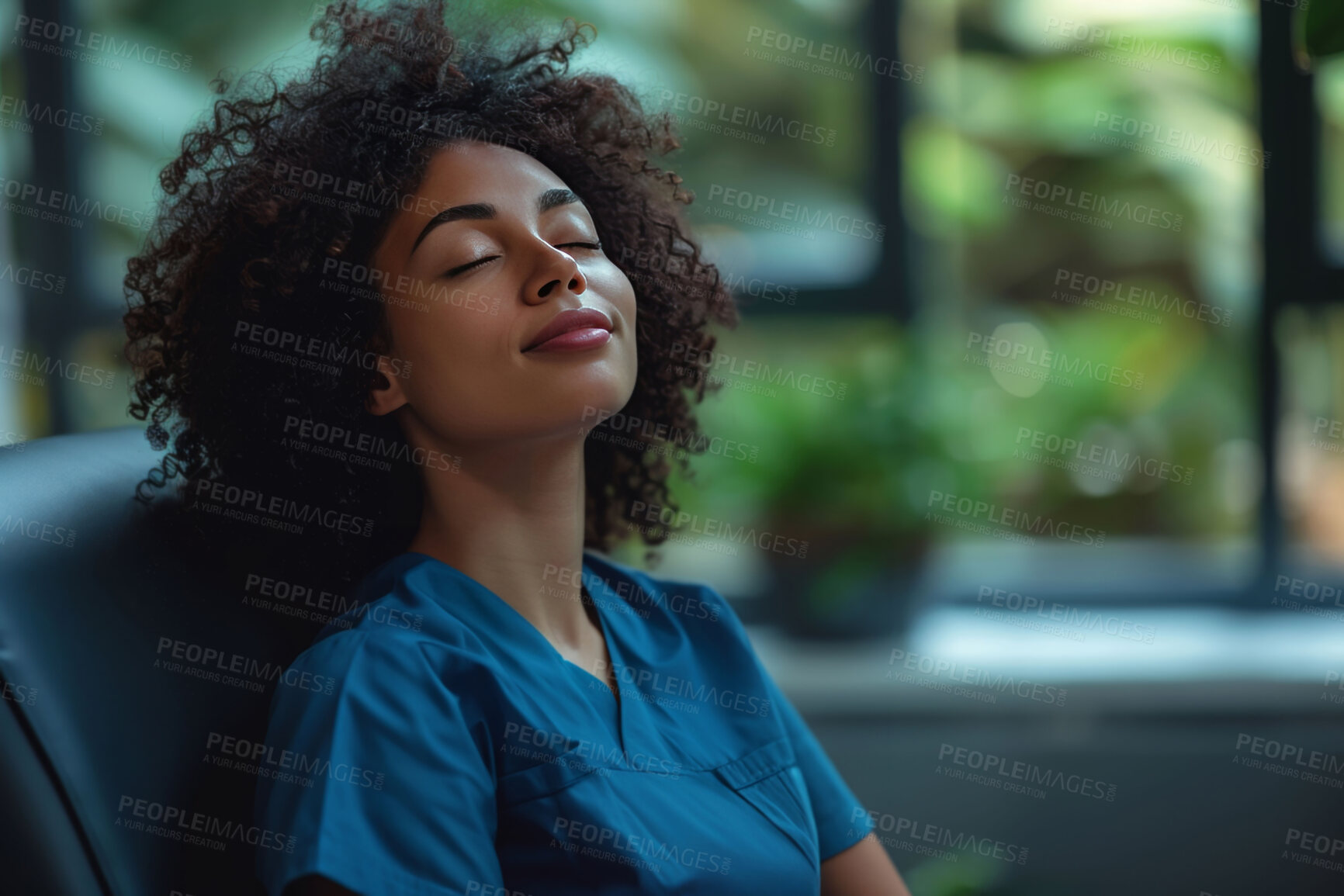 Buy stock photo Woman, nurse and relax or healthcare rest as medical professional for intern shift, sleeping or calm. Female person, sitting and hospital worker or er break for mental recovery, wellness or medicine