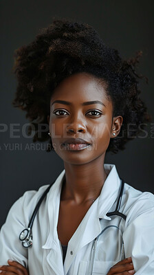 Doctor, portrait and serious in studio for health, wellness and healthcare service on background. African woman, closeup and ready for medical care, cardiology and life emergency or first aid support
