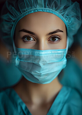 Nurse, portrait and serious with face mask for health, wellness and healthcare services in hospital. Woman, closeup and ready in clinic for medical care, cardiology and emergency or first aid support