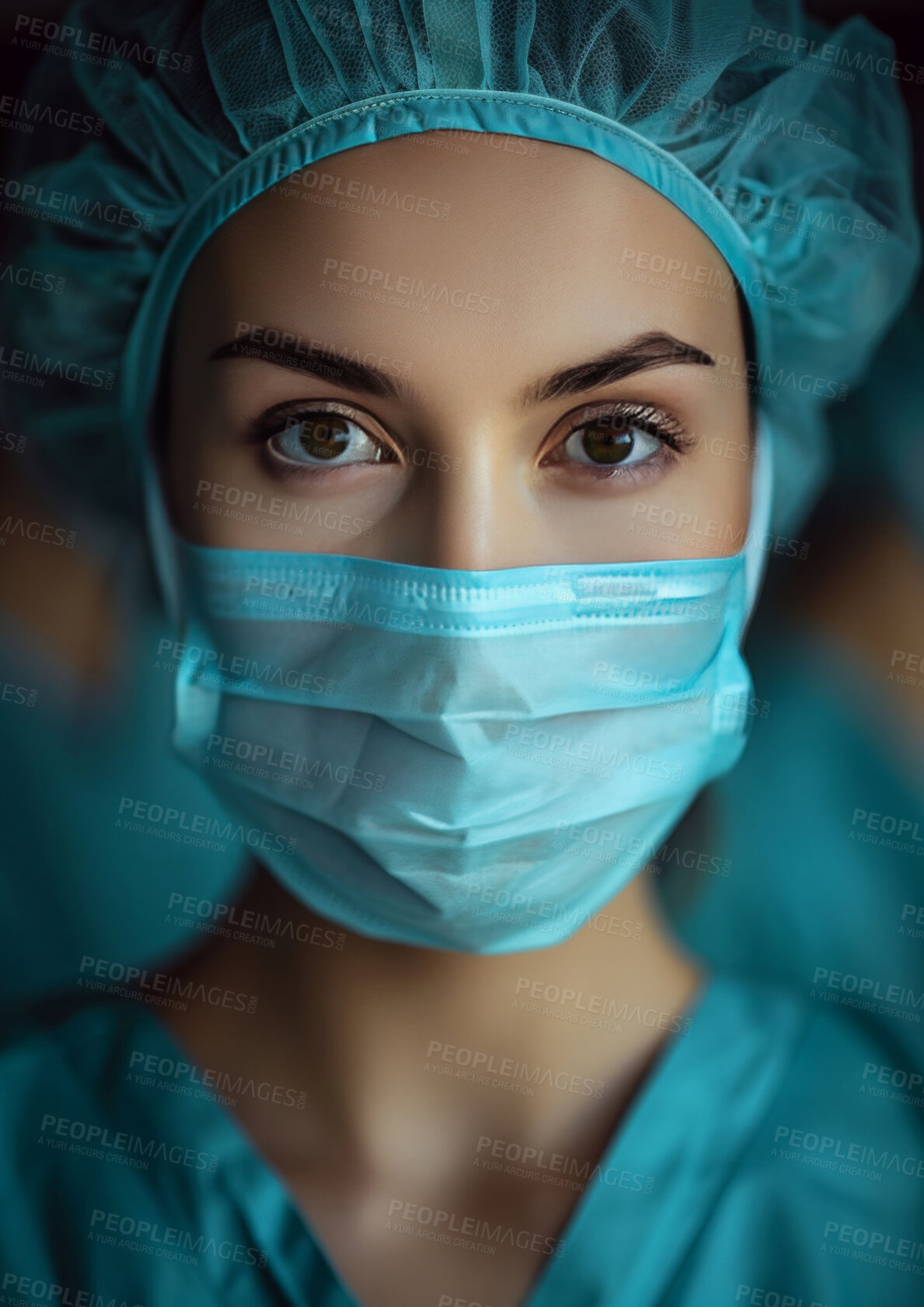 Buy stock photo Surgeon, portrait and serious with face mask for health, wellness and healthcare services in hospital. Woman, closeup and ready in clinic for medical care, surgery and emergency or first aid support